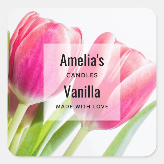 Pink Tulips with Green Leaves - Candle Business Square Sticker (Front)