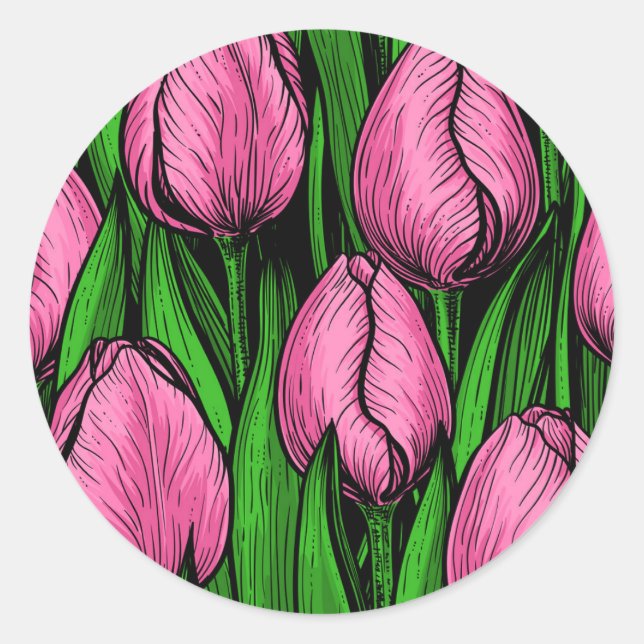 Pink tulips with green leaves classic round sticker (Front)
