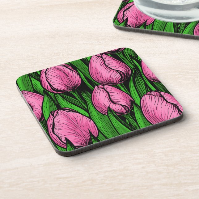 Pink tulips with green leaves coaster (Left Side)