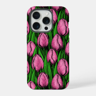 Pink tulips with green leaves iPhone 15 pro case