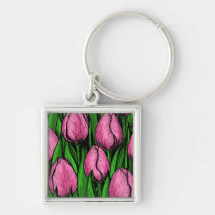 Pink tulips with green leaves key ring