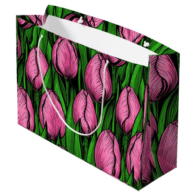 Pink tulips with green leaves large gift bag (Back Angled)