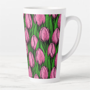 Pink tulips with green leaves latte mug
