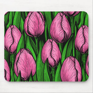 Pink tulips with green leaves mouse mat