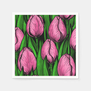 Pink tulips with green leaves napkin
