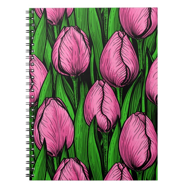 Pink tulips with green leaves notebook (Front)
