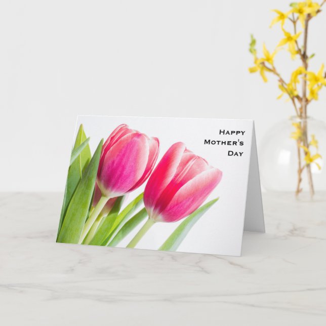 Pink Tulips with Green Leaves Photo Birthday Card (Yellow Flower)