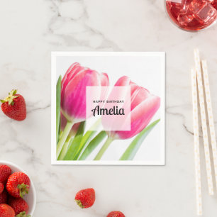 Pink Tulips with Green Leaves Photo Birthday Napkin