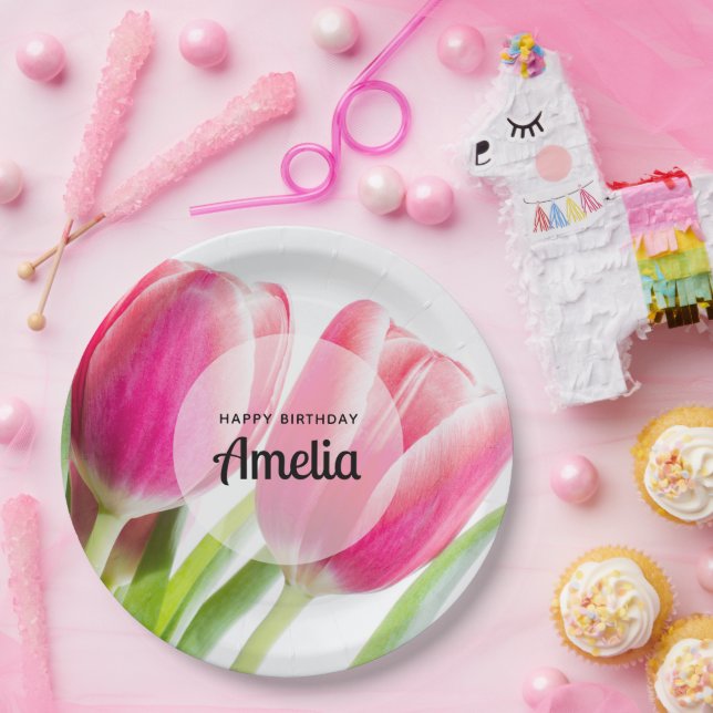 Pink Tulips with Green Leaves Photo Birthday Paper Plate (Party)