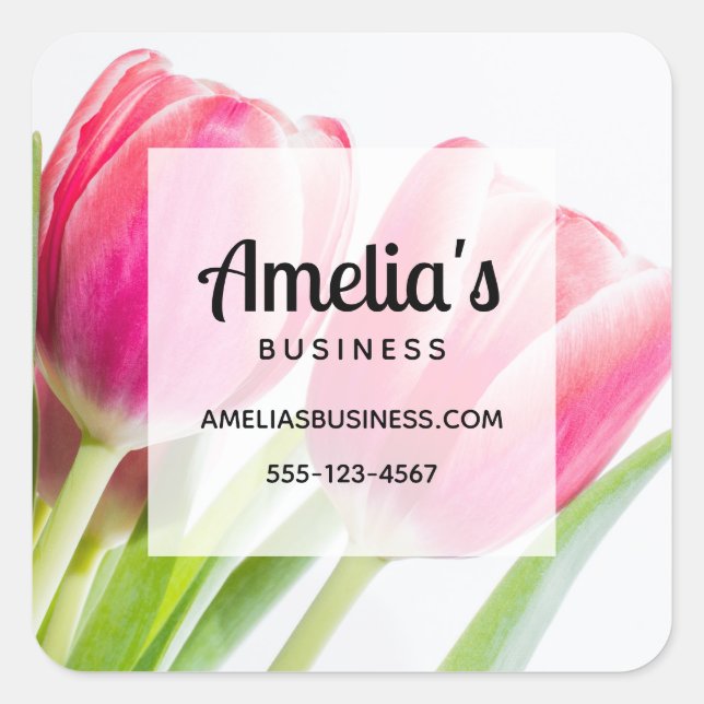 Pink Tulips with Green Leaves Photo Business Square Sticker (Front)