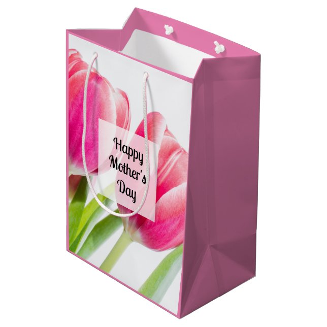 Pink Tulips with Green Leaves Photo Mother's Day Medium Gift Bag (Back Angled)