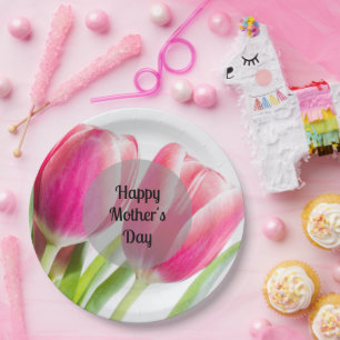Pink Tulips with Green Leaves Photo Mother's Day Paper Plate