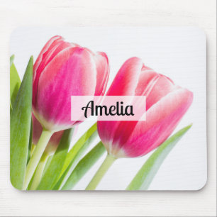 Pink Tulips with Green Leaves Photo Mouse Mat