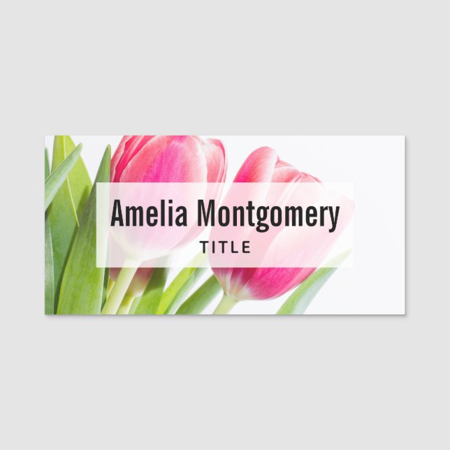 Pink Tulips with Green Leaves Photo Name Tag (Front)