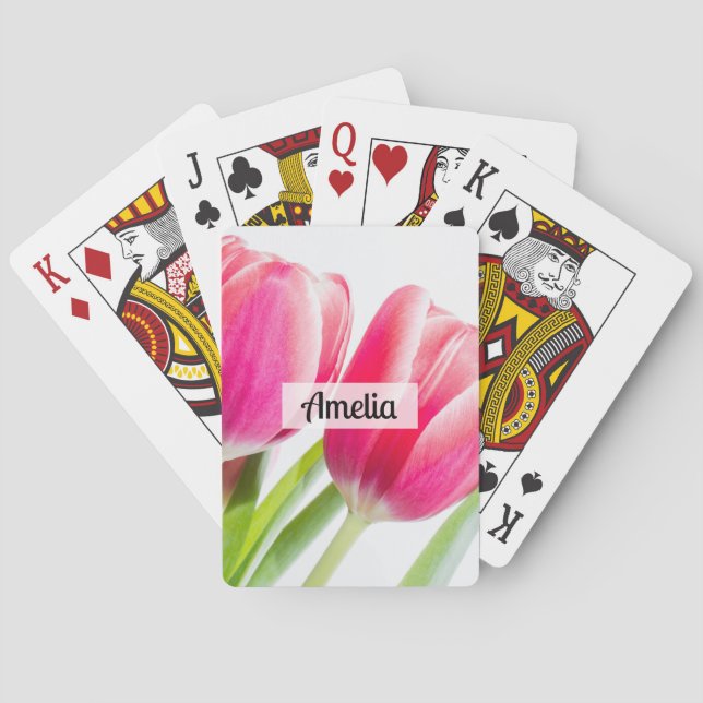 Pink Tulips with Green Leaves Photo Playing Cards (Back)