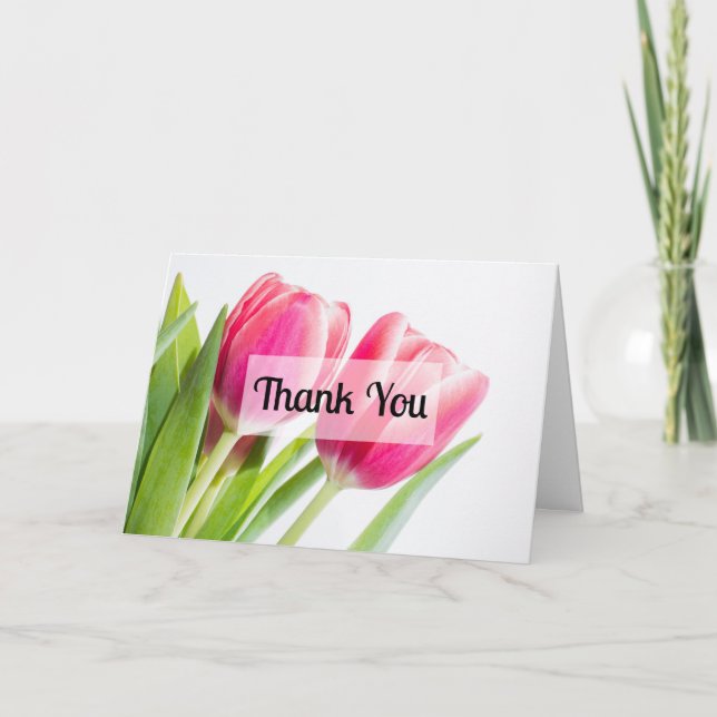 Pink Tulips with Green Leaves Photo Thank You Card (Front)