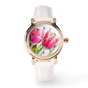 Pink Tulips with Green Leaves Photo Watch