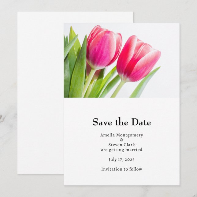 Pink Tulips with Green Leaves Photo Wedding Save The Date (Front/Back)