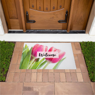 Pink Tulips with Green Leaves Photo Welcome Doormat