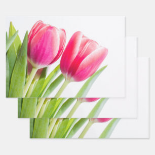 Pink Tulips with Green Leaves Photo Wrapping Paper Sheet