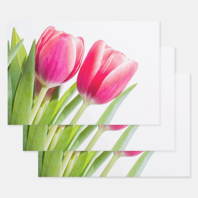 Pink Tulips with Green Leaves Photo Wrapping Paper Sheet (Set)