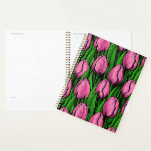 Pink tulips with green leaves planner