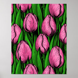 Pink tulips with green leaves poster