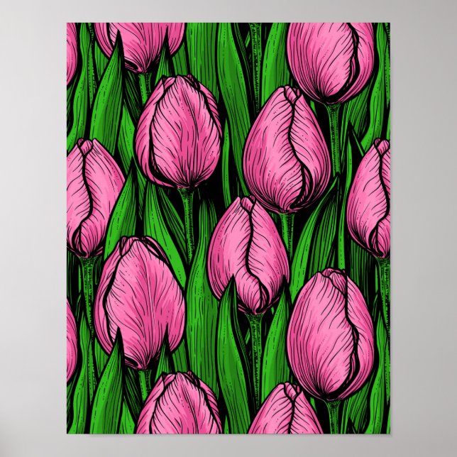 Pink tulips with green leaves poster (Front)