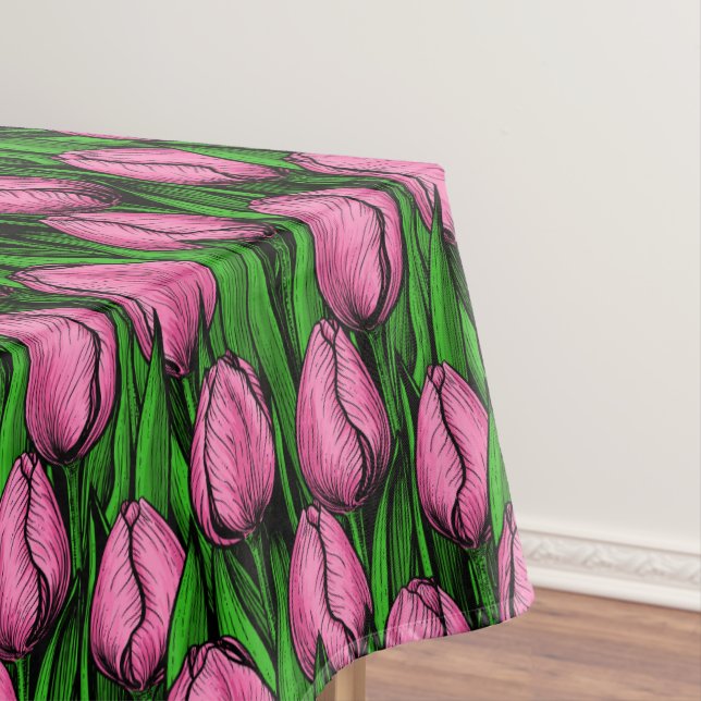 Pink tulips with green leaves tablecloth (In Situ)
