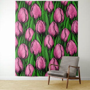Pink tulips with green leaves tapestry