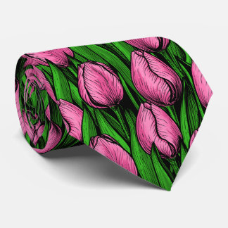 Pink tulips with green leaves tie