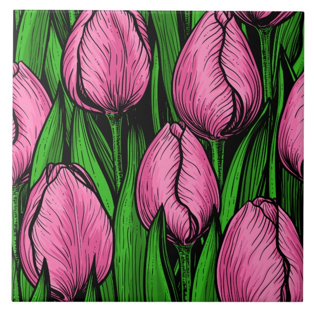 Pink tulips with green leaves tile (Front)