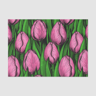 Pink tulips with green leaves tissue paper