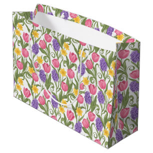 Pink Tulips, Yellow Daffodils, Purple Hyacinths Large Gift Bag