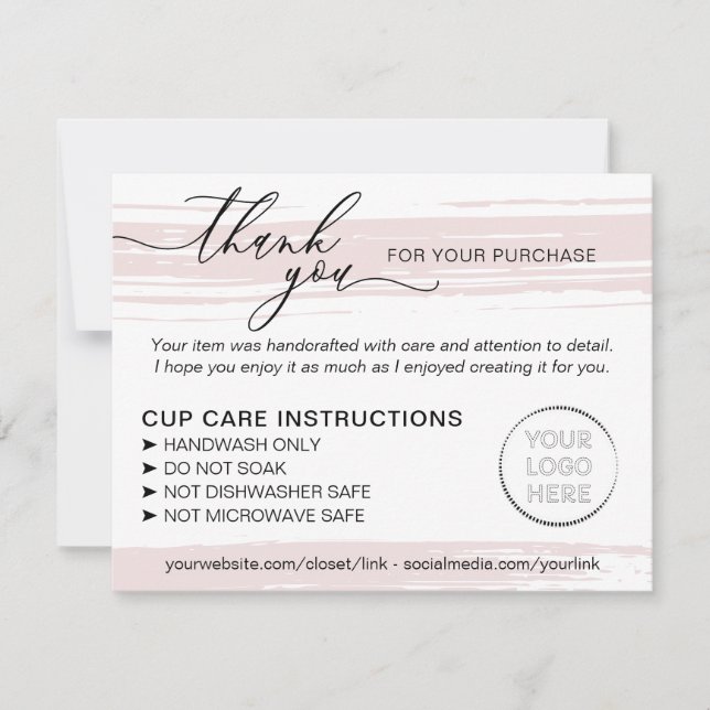 Pink Tumbler Cup Mug Instructions Care Thank You Card (Front)