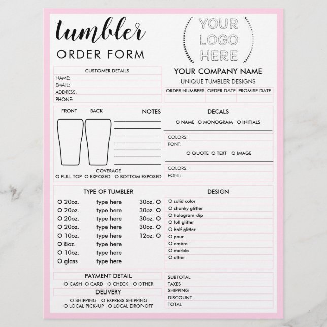 Pink Tumbler Mug Cup Order Form Flyer (Front)