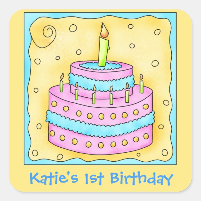 Pink Turquoise 1st Happy Birthday Cake Square Sticker (Front)