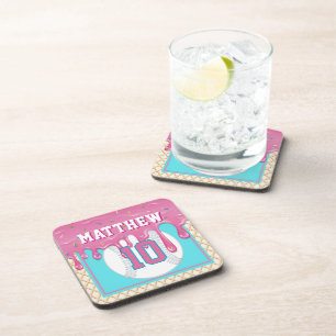 Pink & Turquoise Baseball Drip Birthday Party Coaster