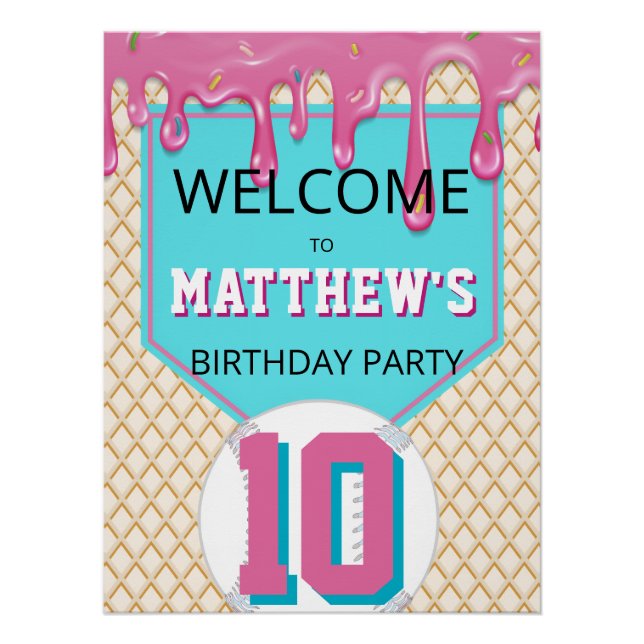 Pink Turquoise Baseball Drip Birthday Welcome Sign (Front)