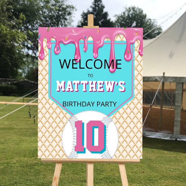 Pink Turquoise Baseball Drip Birthday Welcome Sign (Baseball Drip Birthday Welcome Sign)