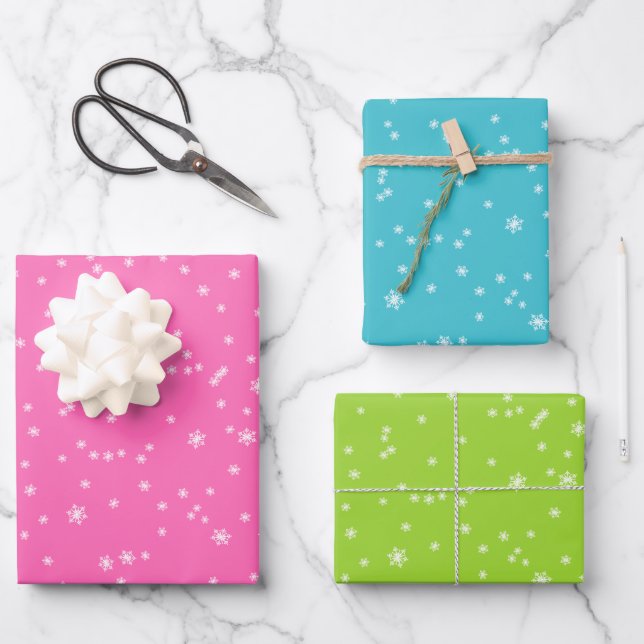 Pink, Turquoise Blue and Green Winter Snowflakes Wrapping Paper Sheet (Front)