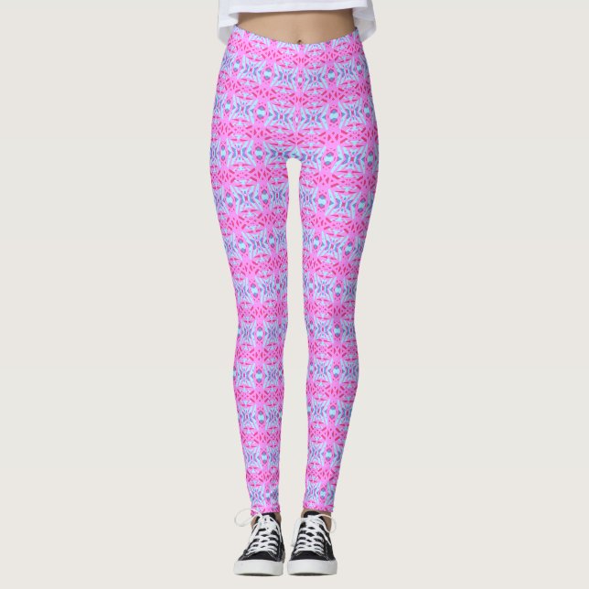 Pink Turquoise Blue Geometric Deco Pattern Gym Leggings (Front)