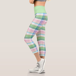 Pink Turquoise Blue Lime Green Plaid Tartan Check Capri Leggings