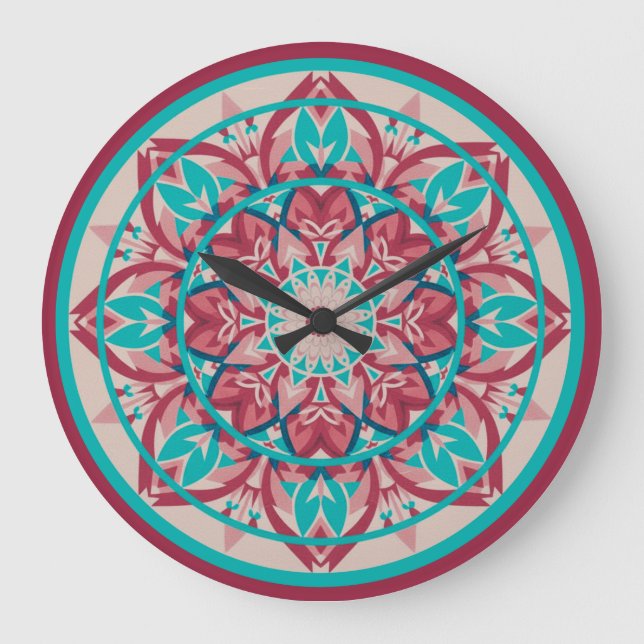 Pink & Turquoise Boho Mandala  Large Clock (Front)