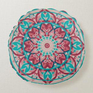 Pink & Turquoise Boho Mandala   Round Cushion