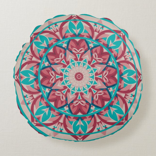 Pink & Turquoise Boho Mandala   Round Cushion (Front)