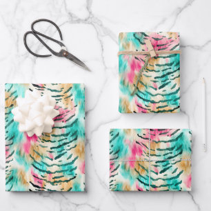 Pink, Turquoise & Brown Tiger Stripes Wrapping Paper Sheet