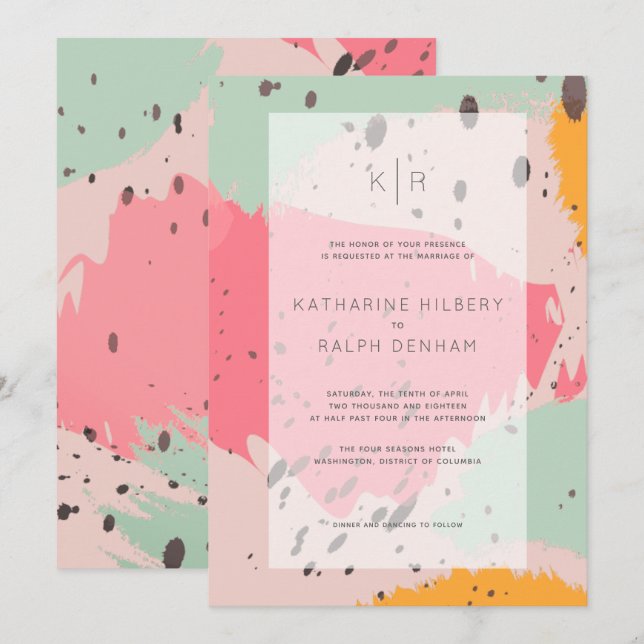 Pink Turquoise Brush Strokes Wedding Invitation (Front/Back)