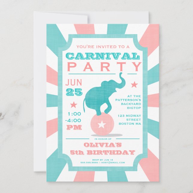 Pink | Turquoise Carnival Party Big Top Birthday Invitation (Front)