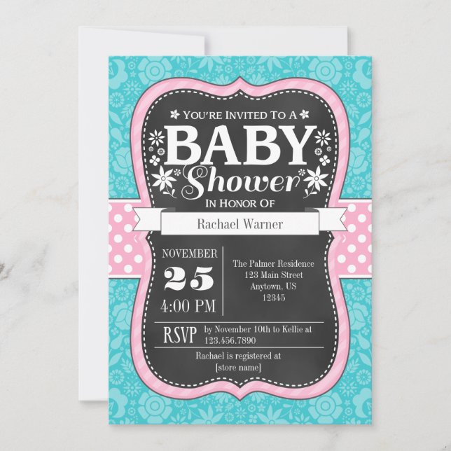 Pink Turquoise Chalkboard Floral Baby Shower Invitation (Front)
